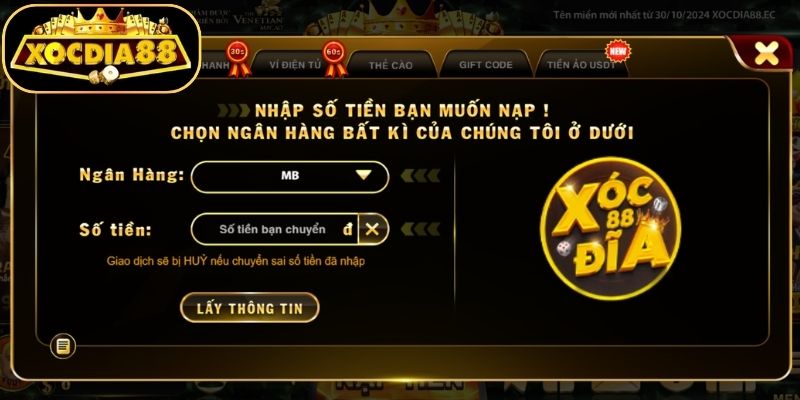 Khám phá hình thức nạp tiền Xocdia88 với ngân hàng